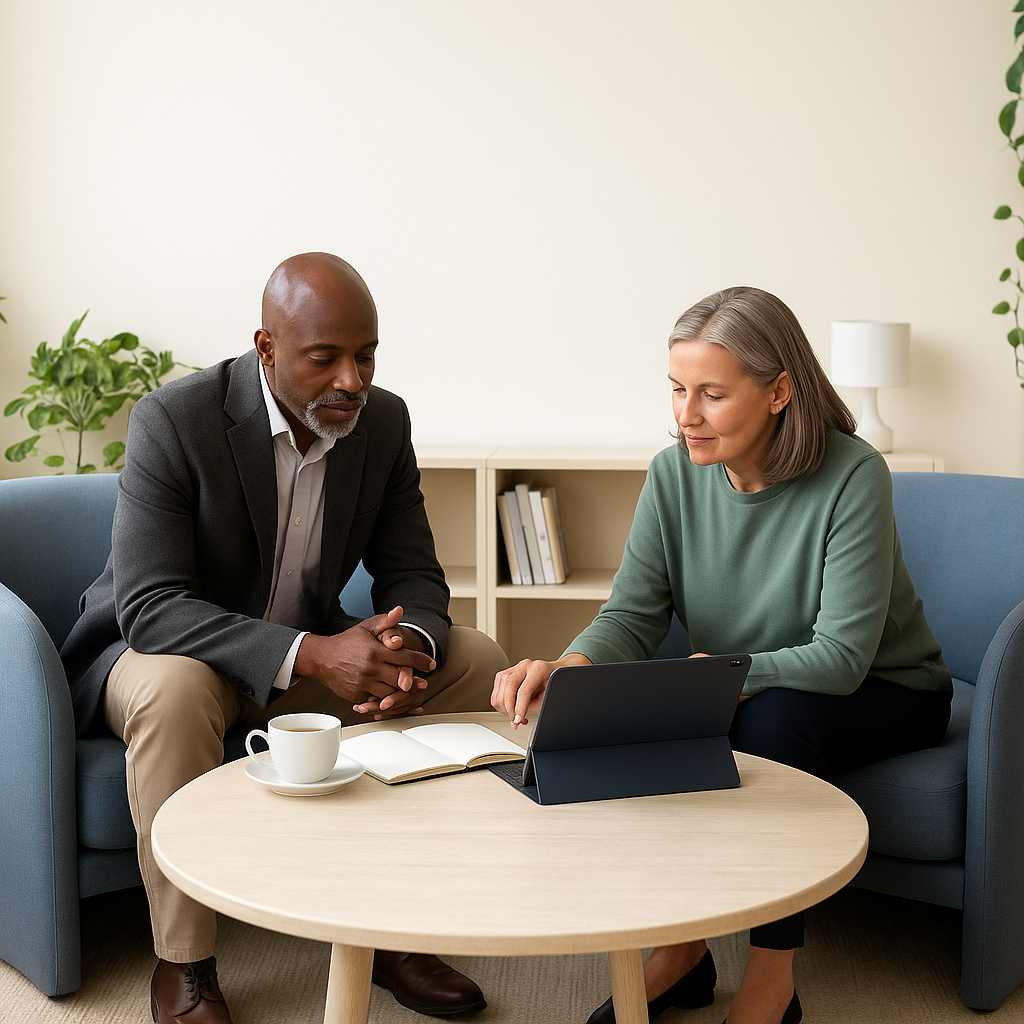 Confidential executive consultation in a calm modern office